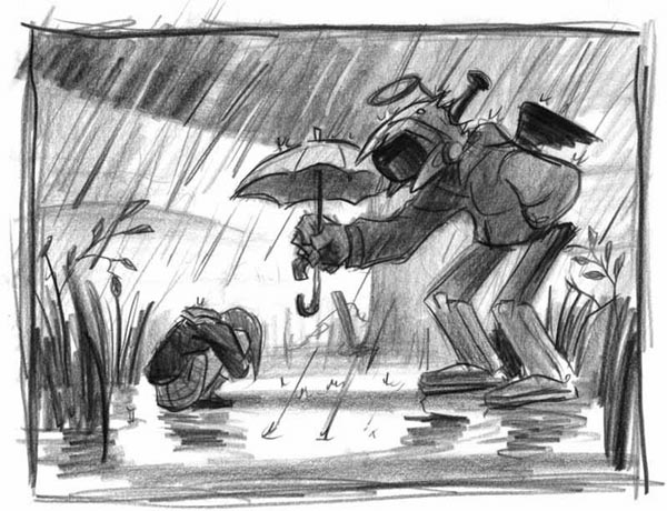 Canti shelters Mamimi from the rain.  From the anime series FLCL (Furi Kuri)